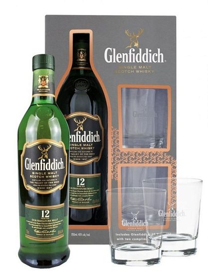 Виски SN "Гленфиддик 12 лет" 40% 0,7л (набор 1х 0,7+2 стакана)